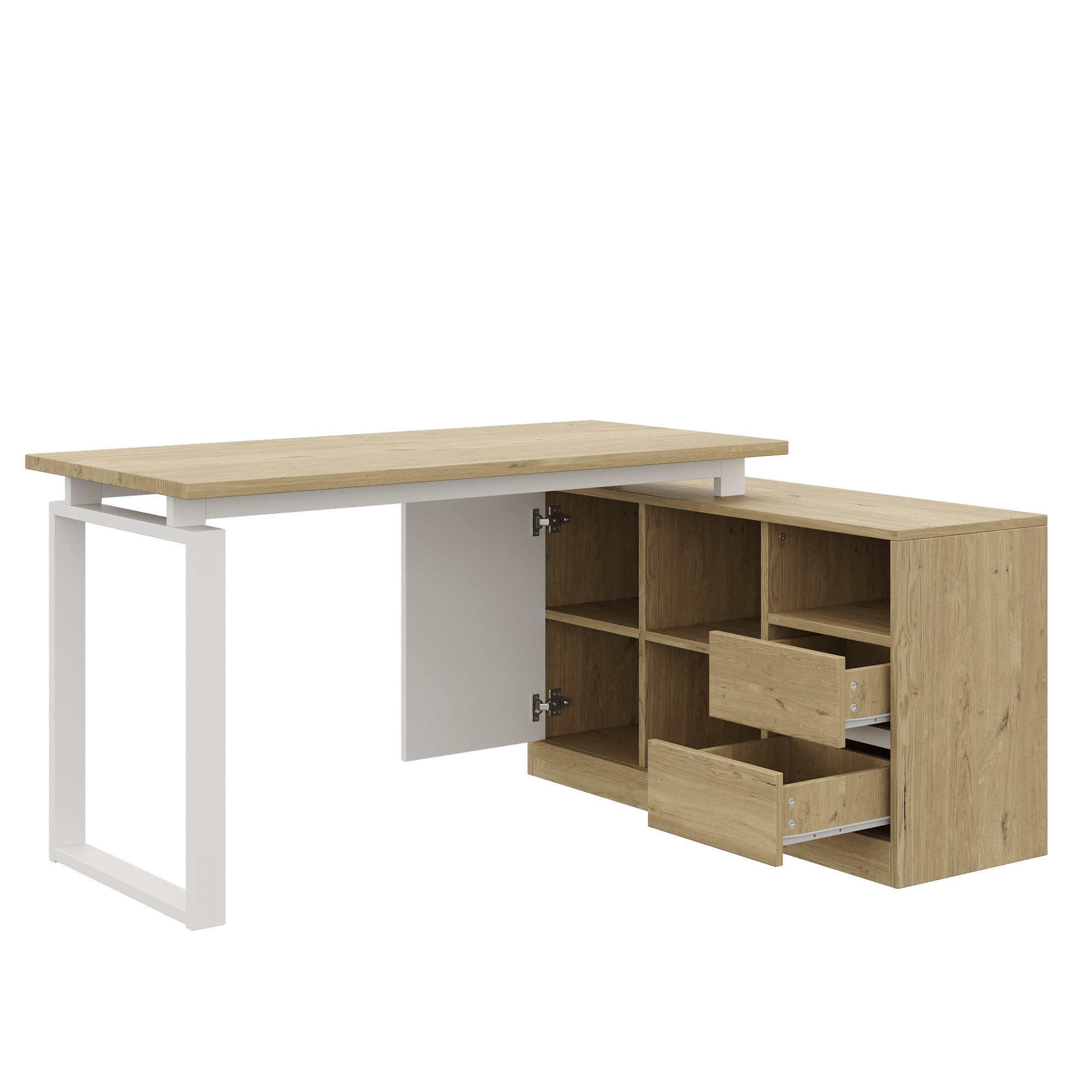 Bureau d'angle avec 2 tiroirs, 3 étagères ouvertes et 1 porte - 152 x 113,5 x 76 cm - MDF et métal - Étagères réglables - Bois naturel et Blanc - 9