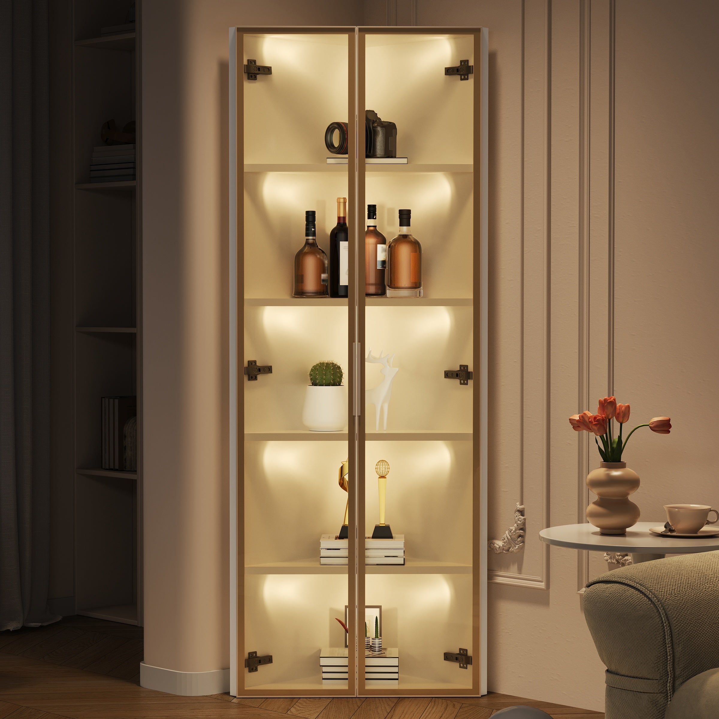 Hauss Spole  Vitrina De Esquina 62X35x160 Cm, Iluminación Led, 2 Puertas, Mdf Y Cristal, Blanco , Leroy Merlin