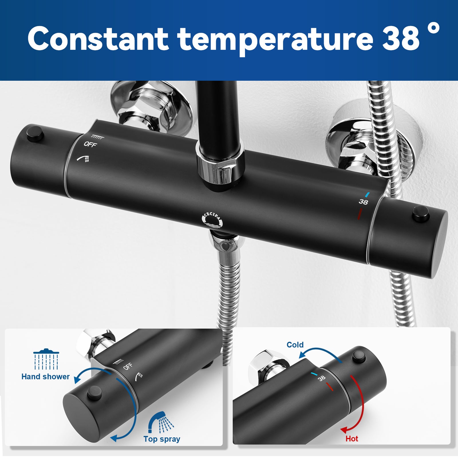 Cecipa max Ensemble de douche Noir Set de douche Thermostatique avec Douchette 4 Fonctions Colonne de Douche Hauteur Réglable,EU Modèle - 2