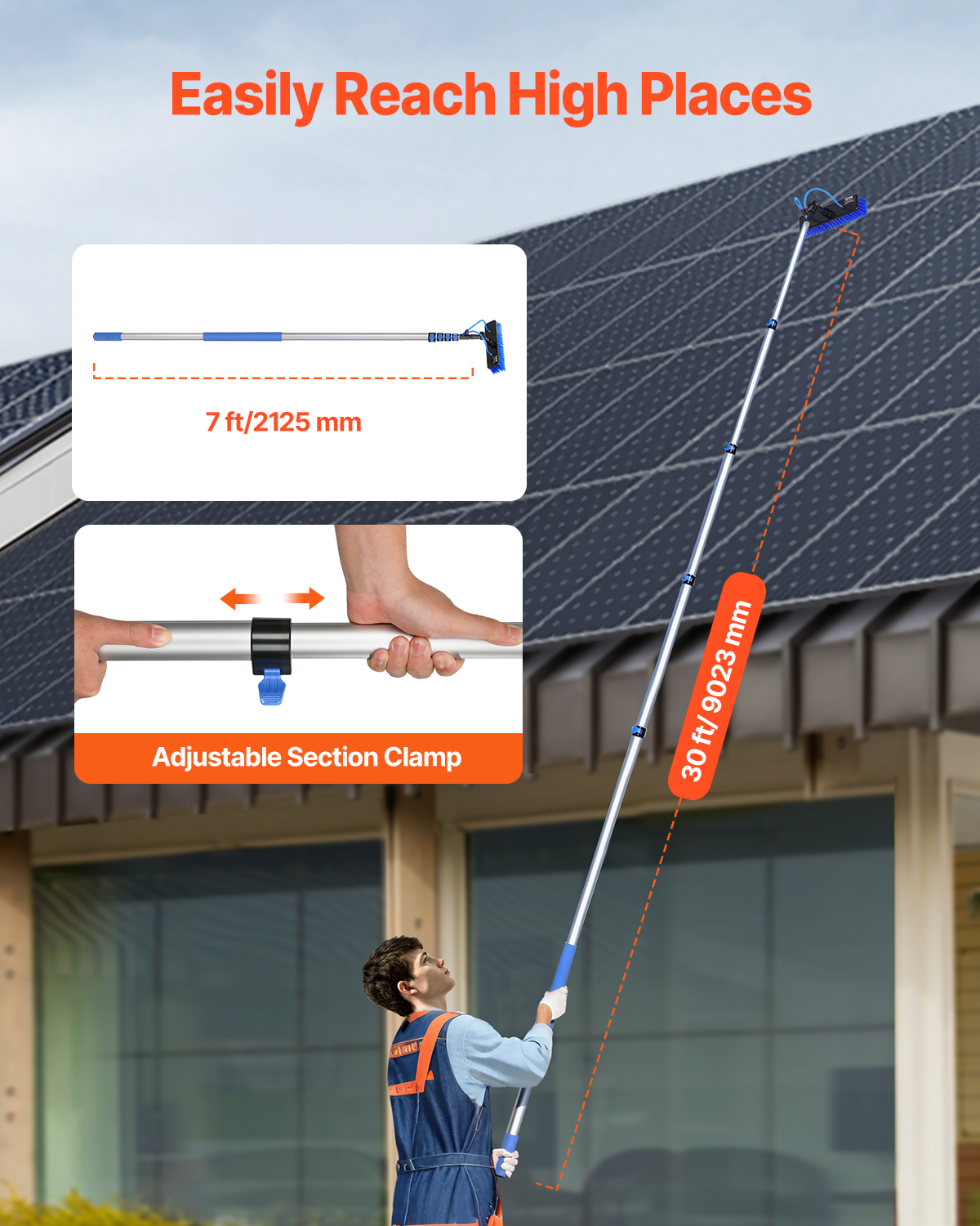 Kit perche télescopique 9 m,VEVOR brosse PP rotative 180°,tuyau 20 m,outil nettoyage panneaux solaires/vitres alimenté eau - 4