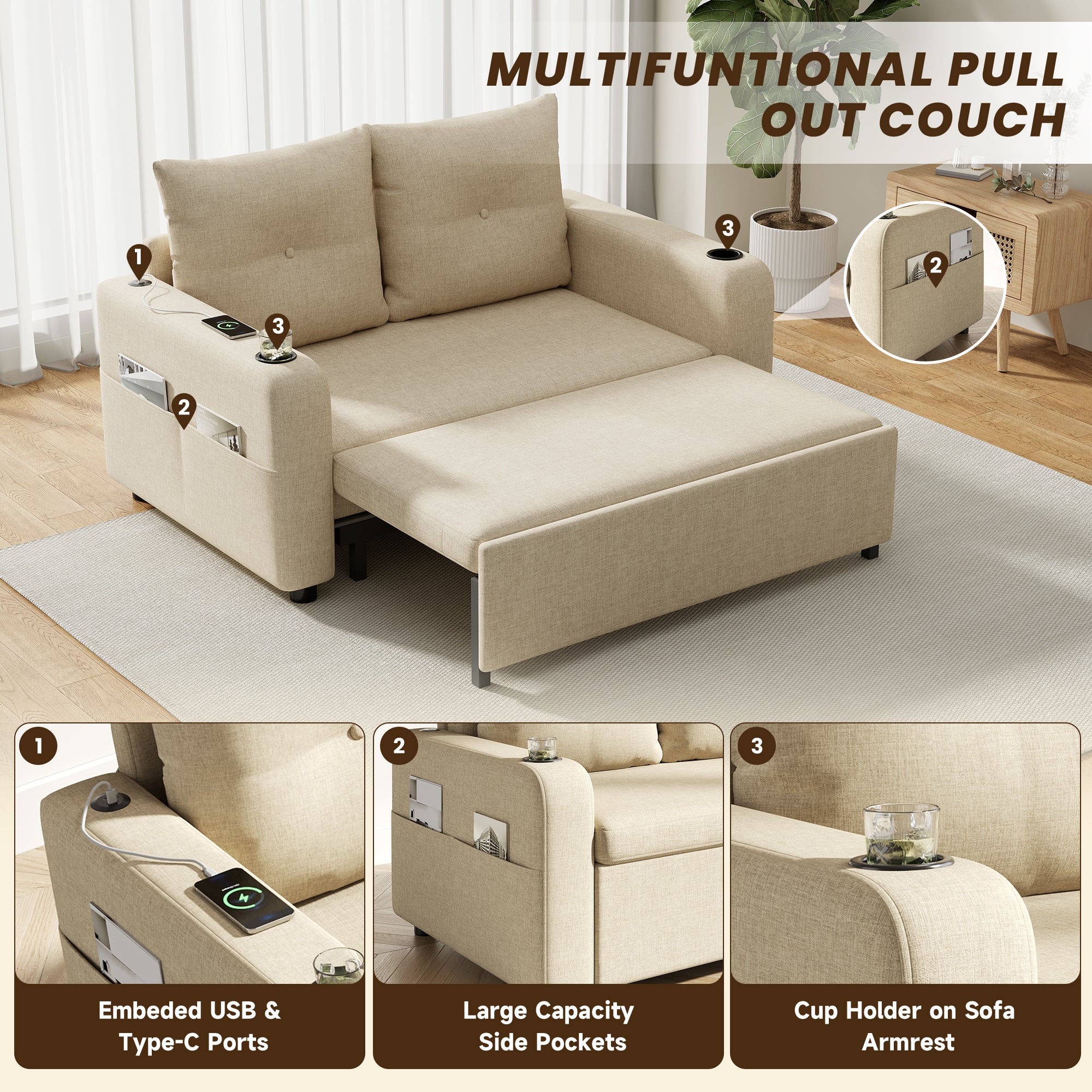 Sofa 2-osobowa z funkcją spania, uchwytem na kubek, portem USB i kieszeniami bocznymi - 131 x 81 x 94 cm - Tapicerka bawełniano-lniana - Beżowa - 7