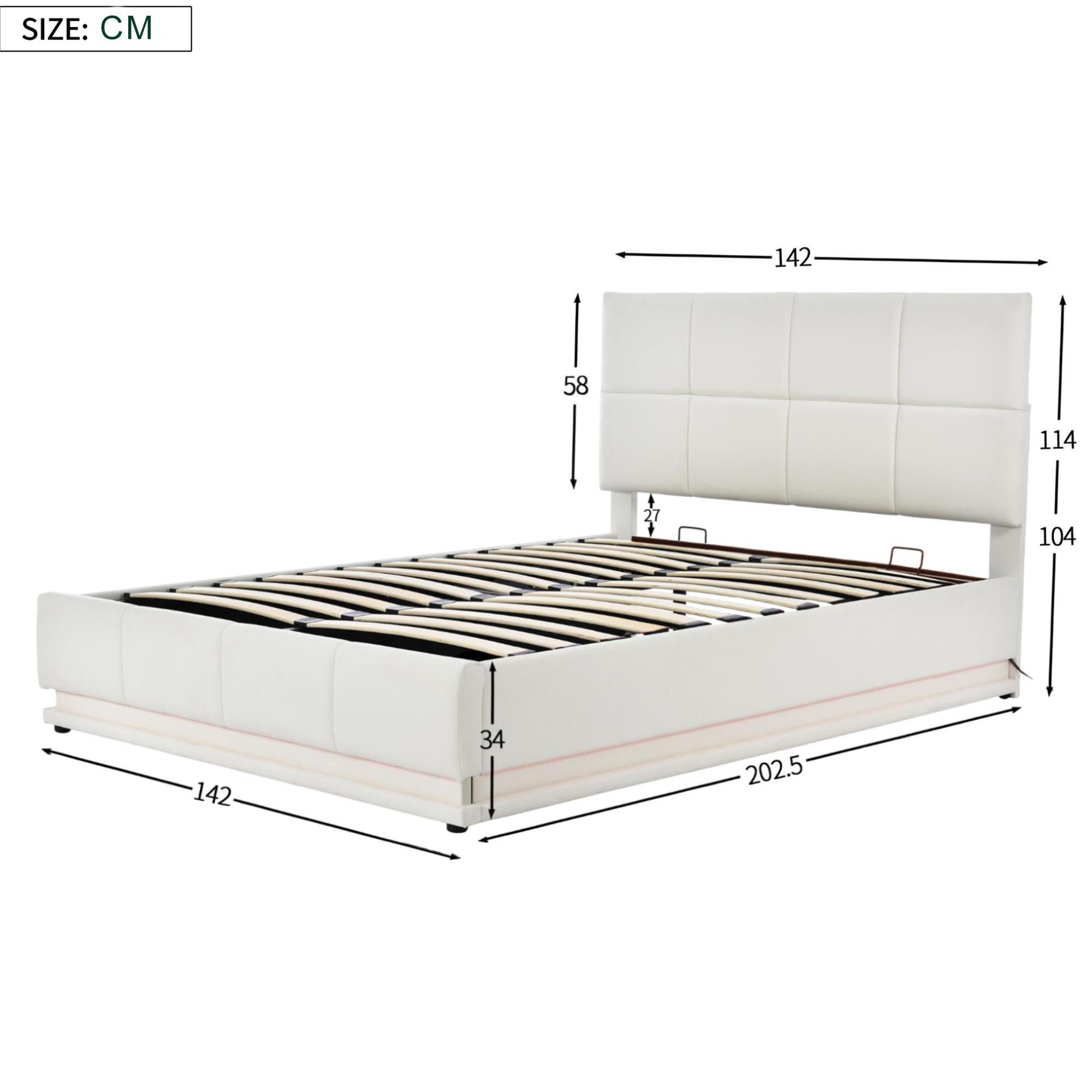 Cama contenedor tapizada 140x200 cm con iluminación LED - en símil piel - Blanco - 5