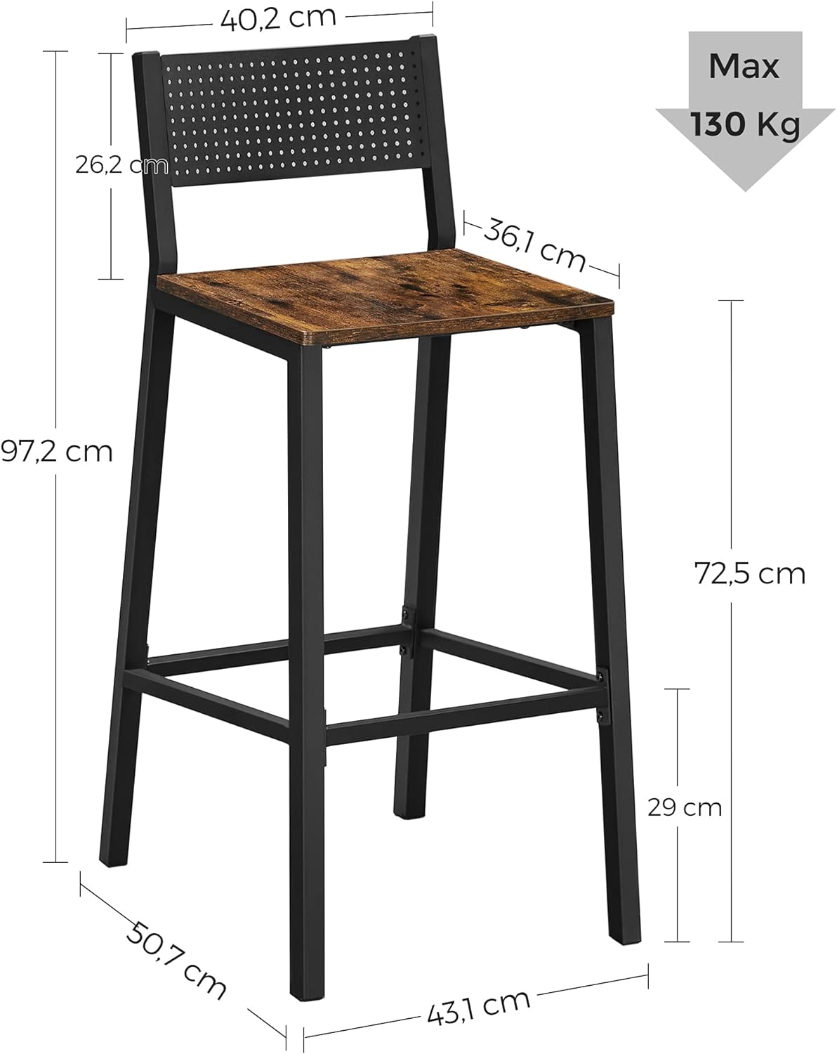 Juego de 2 taburetes de bar altos estilo industrial, ideales para cocina, comedor y oficina, marrón rústico - 5