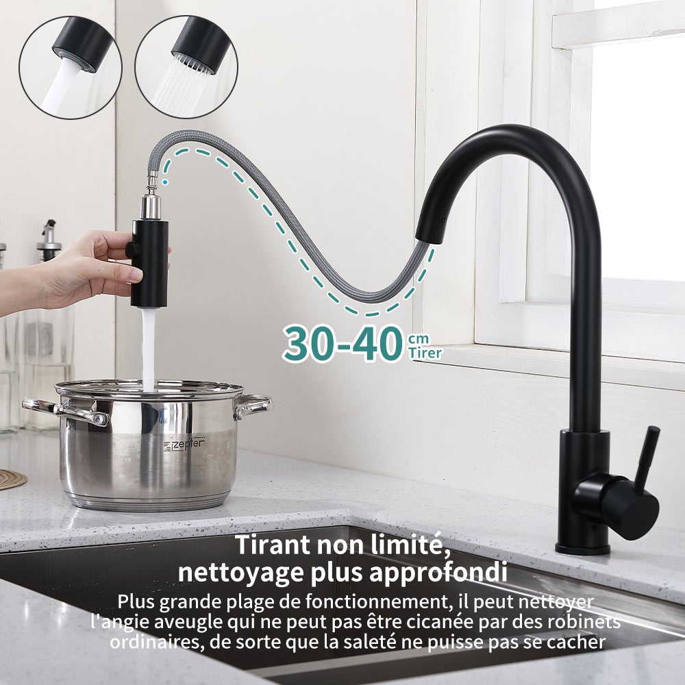 Mitigeur de Cuisine Noir Robinet d'évier avec Douchette Extractible Robinet Cuisine 2 Jets au Choix Pivotant à 360° - 4