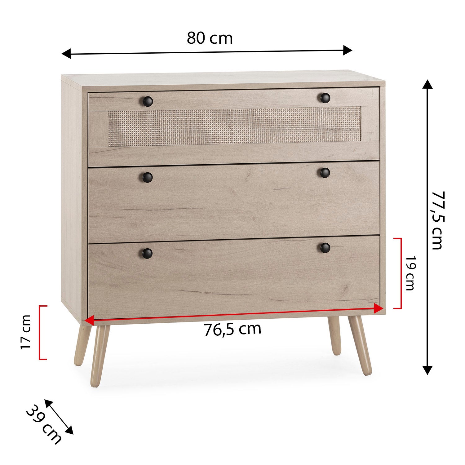 Commode Nuit Bella 3 Tiroirs Couleur Chêne avec Rotin Naturel - 4