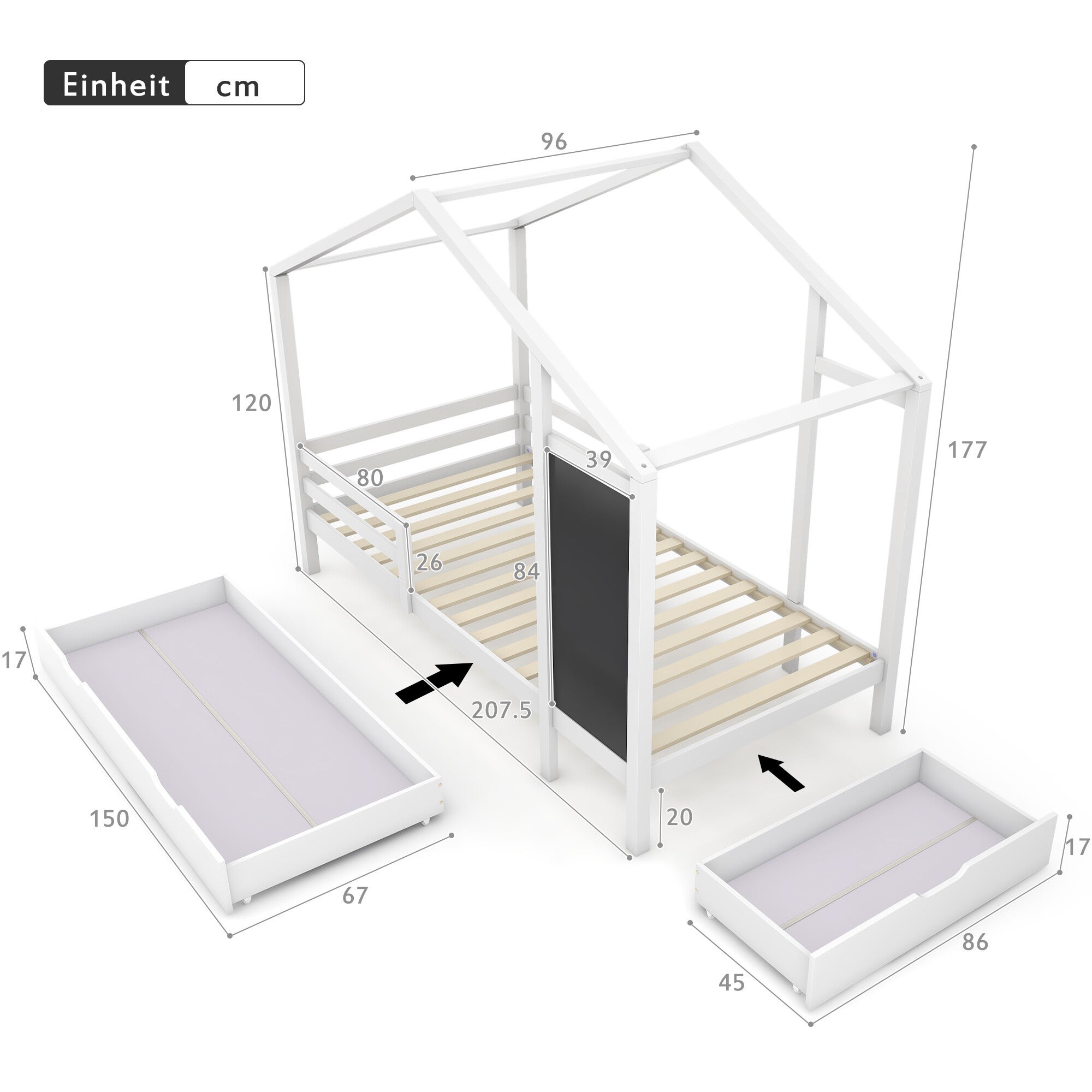 URBAN MEUBLE Lit enfant lit cabane 90 x 200 cm avec 2 tiroirs, bois massif avec clôture et sommier à lattes, blanc (sans matelas) - 7