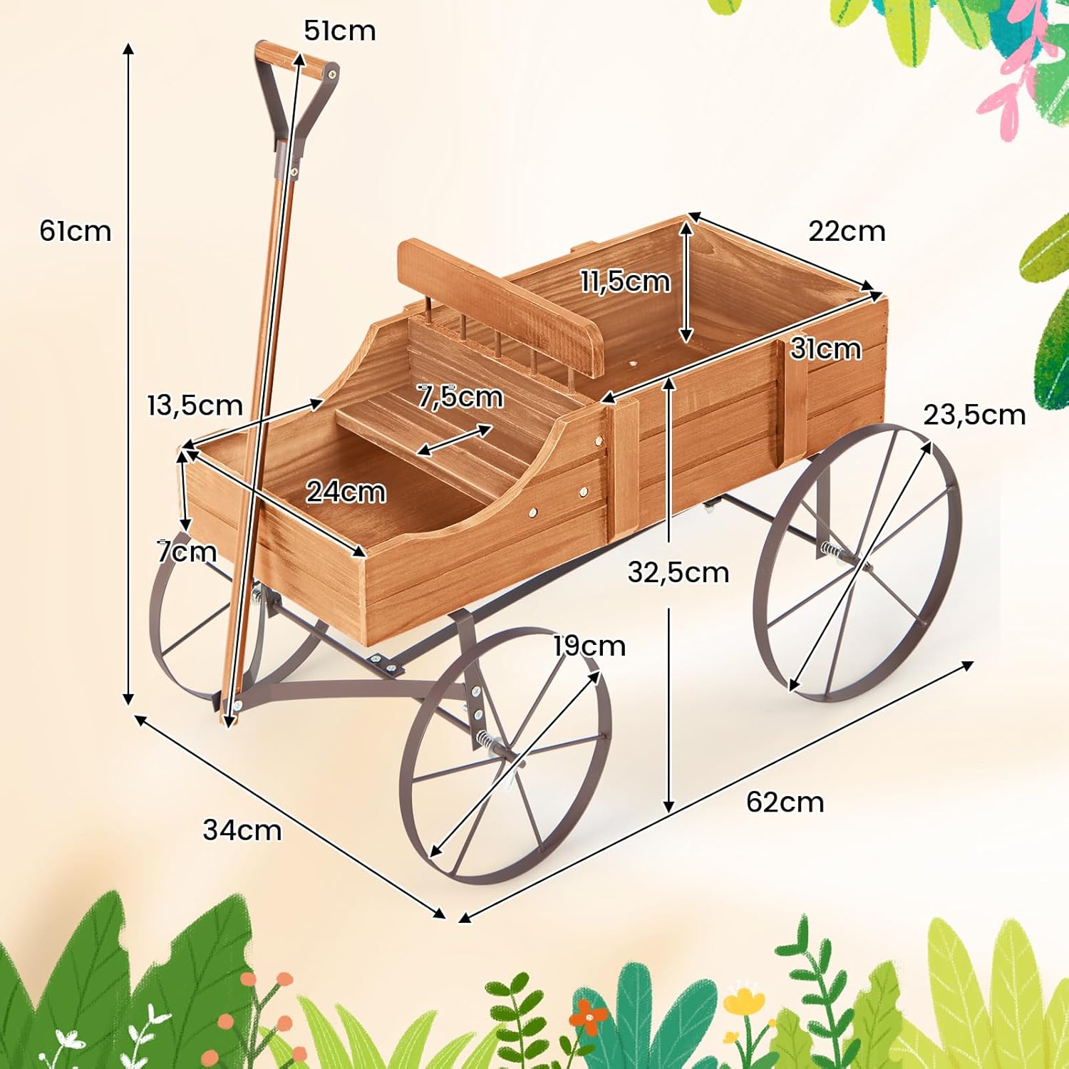 Brouette Décorative en Bois avec 2 Compartiments à Planter, Jardinière avec Roues Métalliques et Poignée à l'avant Charge 15kg (Orange) - 3