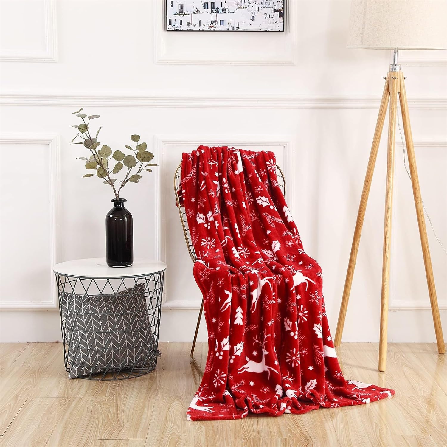 Couverture De Noël 150x130 Cm - Motif Rennes/flocons, Rouge Et Blanc, Flanelle Douce - Pour Canapé Ou Décoration - 7