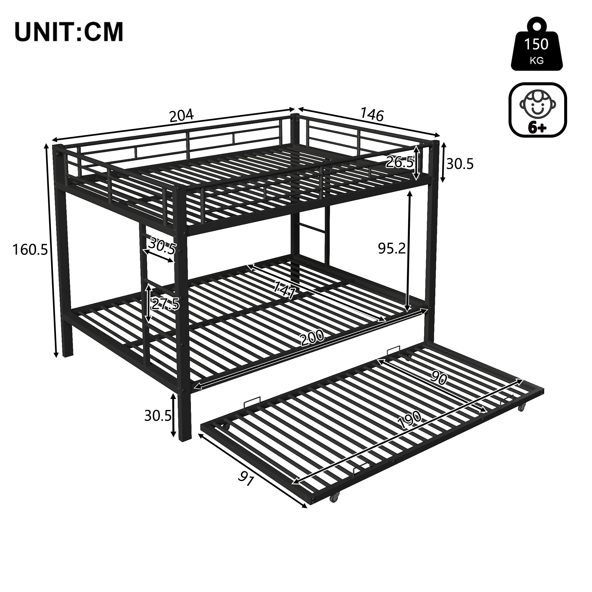 Lits superposés 2 x 140 x 200 cm avec lit gigogne 90 x 190 cm - Cadre en métal - Noir (sans matelas) - 9
