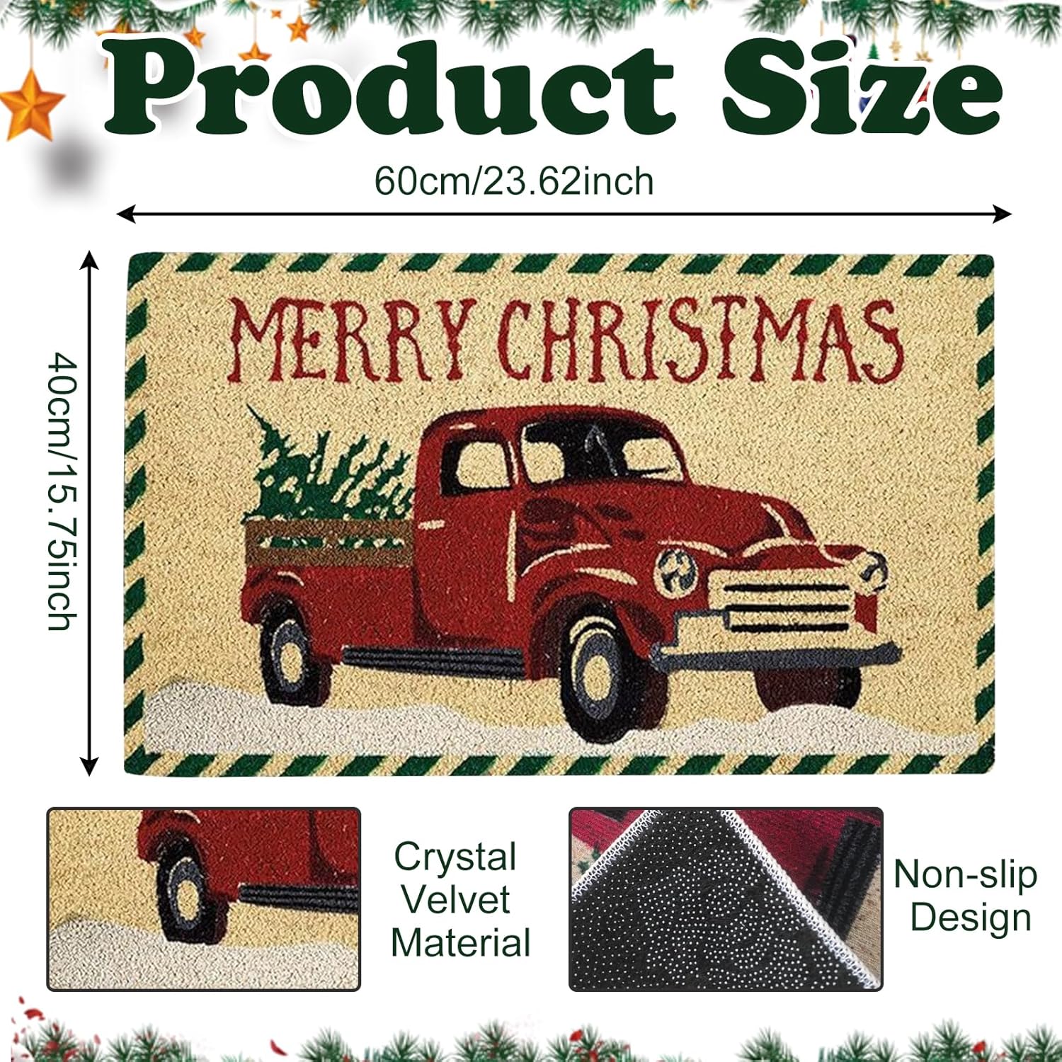 Tapis De Noël 60x40 Cm - Motif Camion Rouge, Antidérapant, Pour Porte, Salon, Cuisine (décoration De Fête)