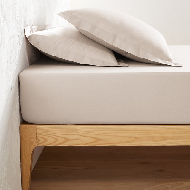 Drap housse uni polycoton, bonnet 25cm, Scenario - Beige galet - 140 x 200 cm