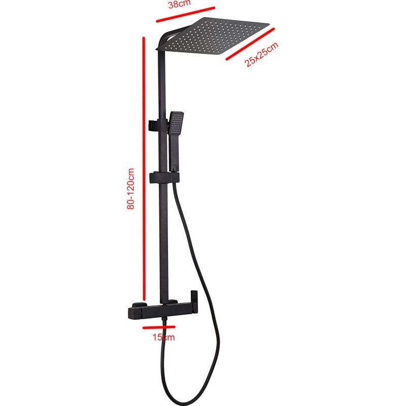 Valaz Barra de ducha monomando cuadrada ajustable hasta 120CM negro mate serie Segura - 20cm - 8