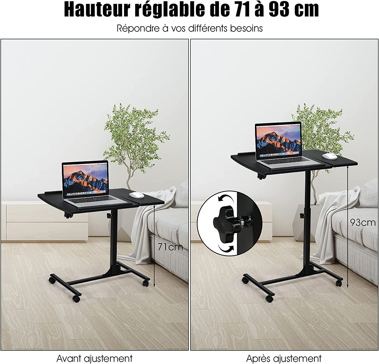 table d’ordinateur à roulettes portable en mdffer hauteur réglable 71-93 cm avec 4 roulettes (noir) - 3
