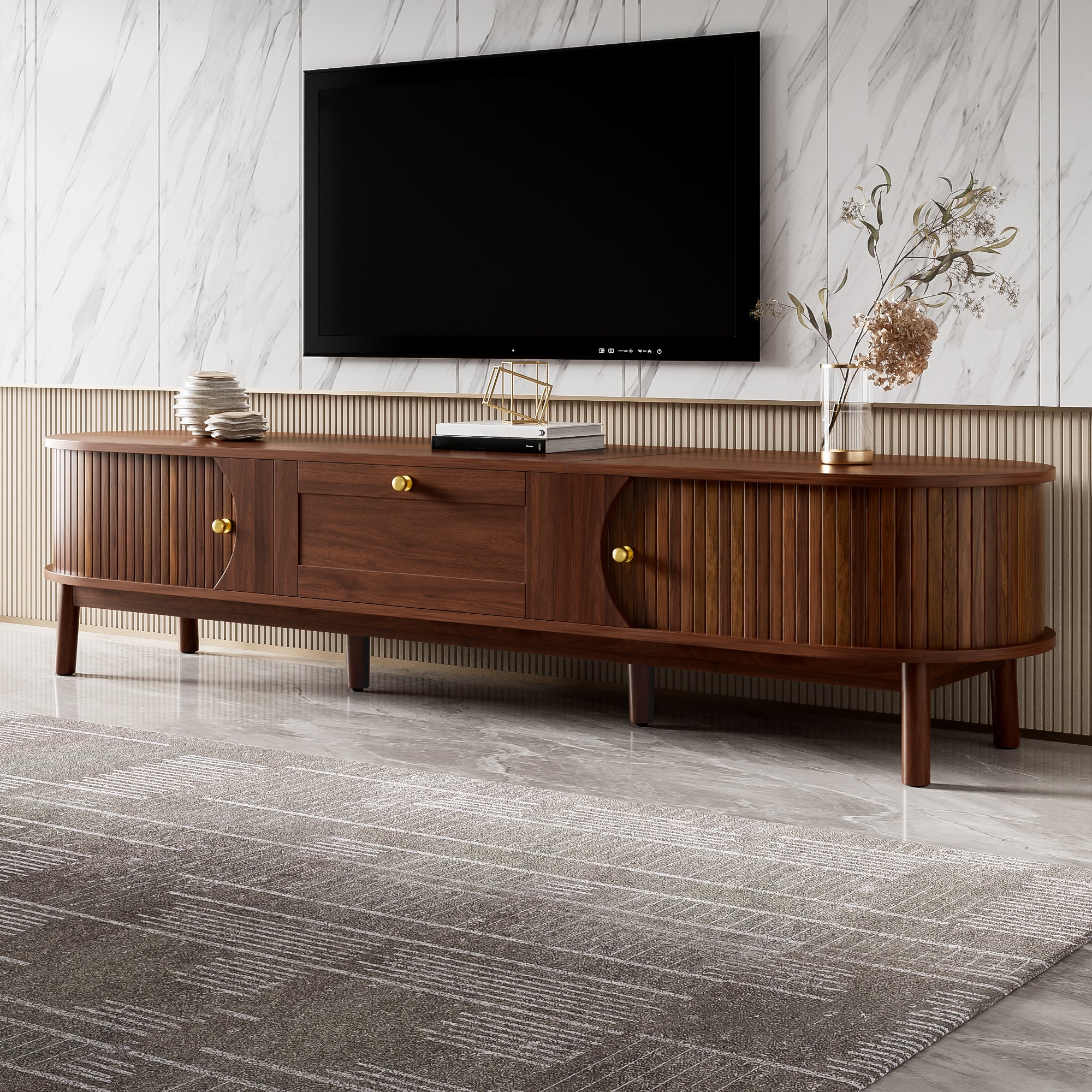 Nowoczesna szafka RTV z 2 drzwiami przesuwnymi i 1 szufladą - 170 x 39,5 x 38 cm - MDF i nogi drewniane - do salonu - orzech - 7