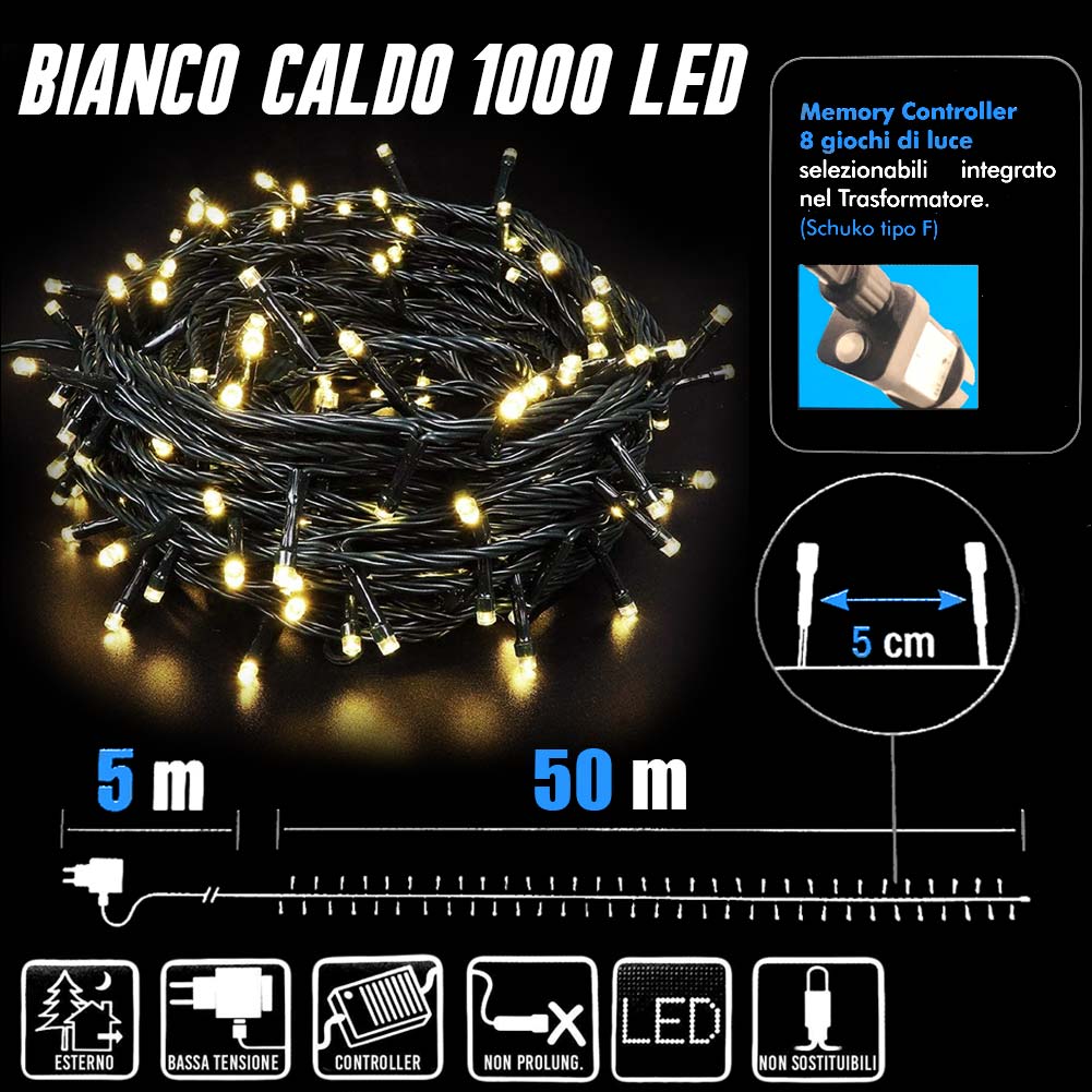 Cluster - catena luminosa 5,5m 768 luci LED bianco extra caldo, 8 effetti di luce, interni ed esterni