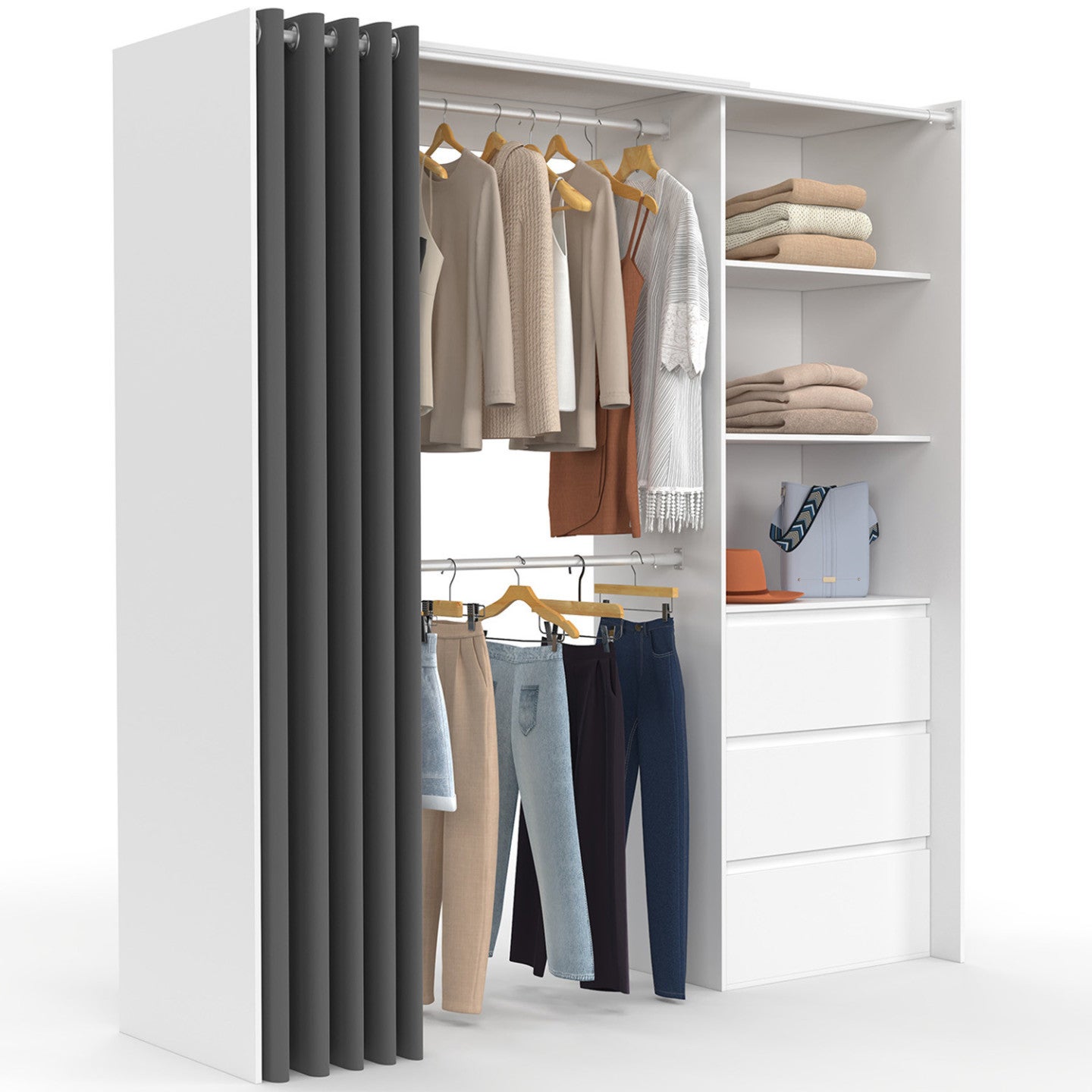 Dressing extensible MARTY 120/170 x 50 x 180 cm blanc avec 3 tiroirs + étagères + double penderie + rideau gris - 2