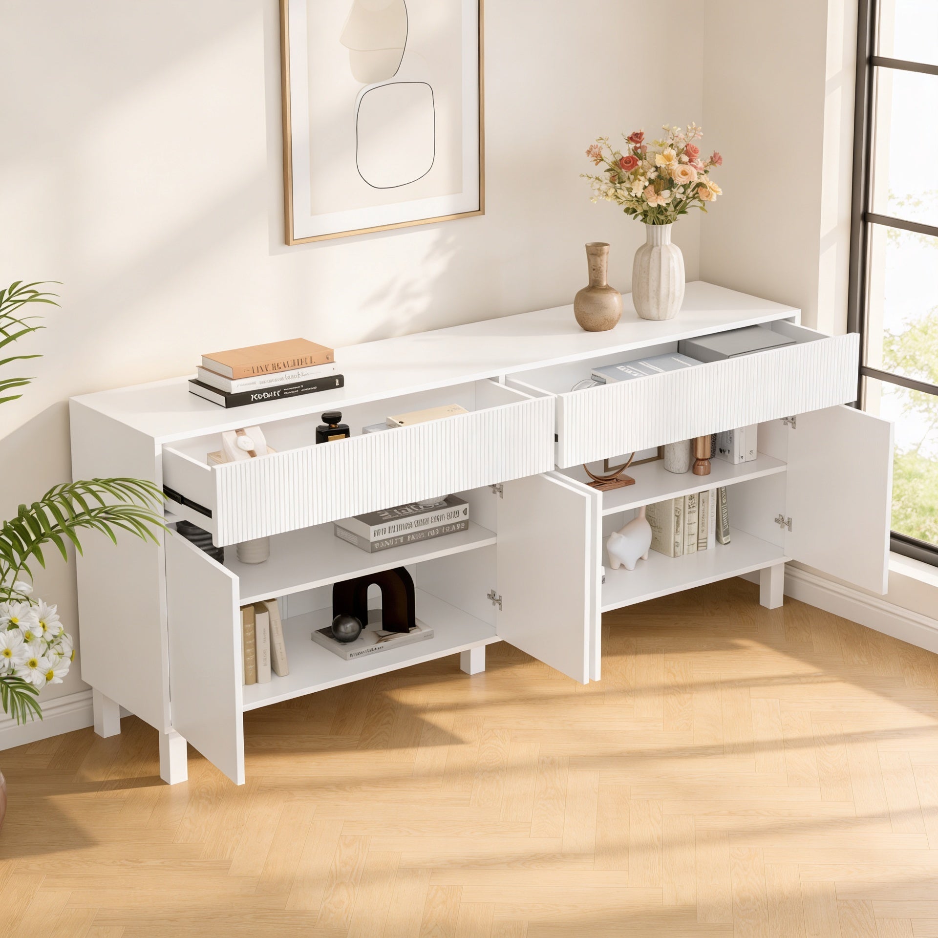 Buffet moderne-CALDION-Buffet sculpté avec 2 Tiroirs et 4 Portes, Pieds Hauts, 160x40x75, Blanc - 4