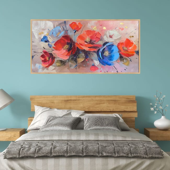 Quadro Dipinto A Mano, Retro Texture Blu Rosa Fiore Foglie Quadro Dipinto A Mano, Retro Texture Blu Rosa Fiore Foglie
