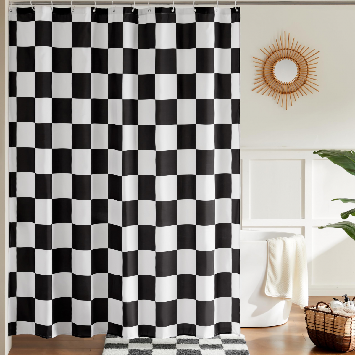 Cortina de ducha a cuadros lavable a máquina, bonita cortina de ducha a cuadros retro, estilo damero, 180 x 180 cm, negra
