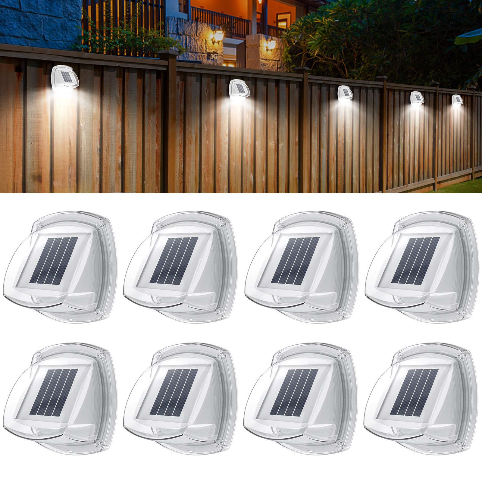 Zestaw 8 wodoodpornych słonecznych lamp ogrodzeniowych - 8 diod LED do zewnętrznych schodów, ogrodzeń, tarasów, patio, chodników, chłodna biel