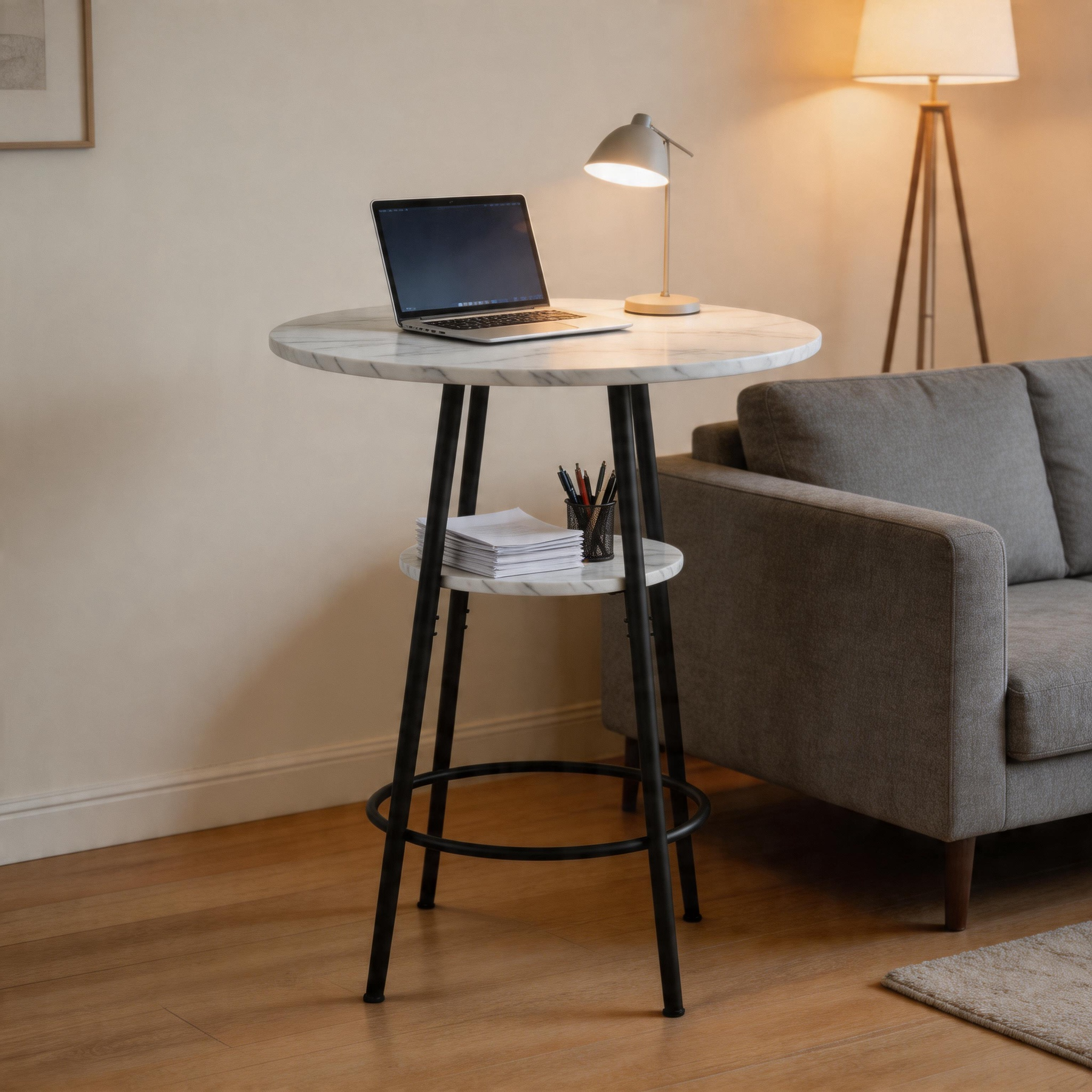 Table de bar avec rangement, plateau effet marbre blanc, structure en ...