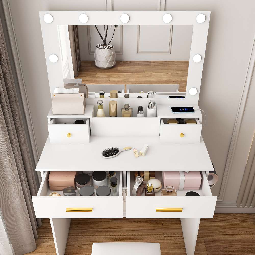 Tavolo Trucco con LED 3 Modalità, 4 Cassetti, Sgabello Incluso, Presa E Supporto Phon – Make-up e Styling - 2