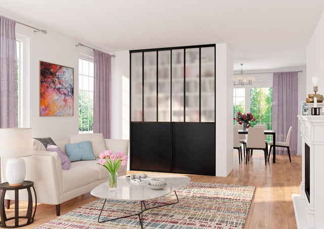 Pack de 2 Portes de placard coulissantes, décor atelier noir, verre dépoli blanc, H 2500 x L 1800 mm largeur totale