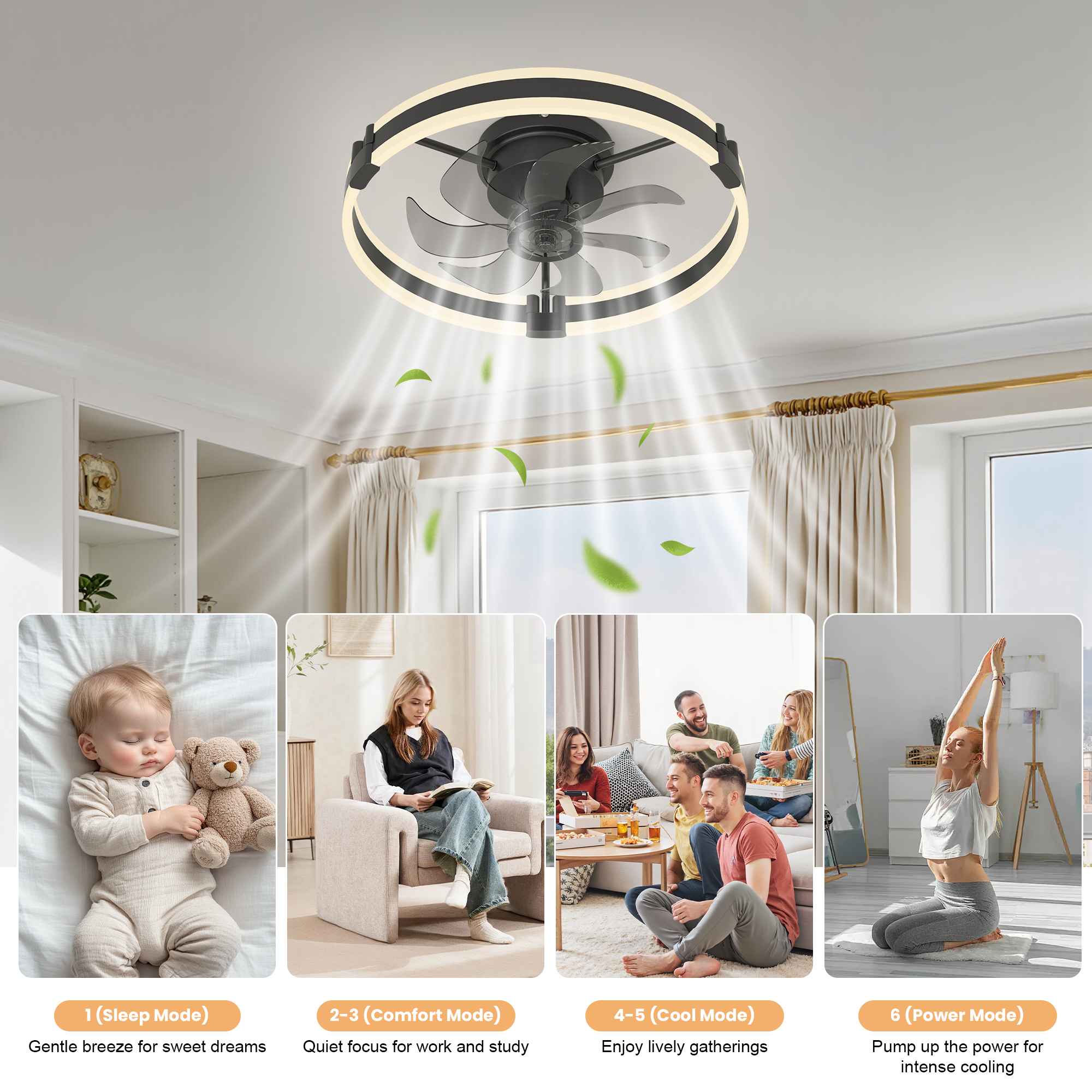 Ventilateur plafond LED 50cm avec lumière, APP et télécommande, 6 vitesses, dimmable 10-100%, 3000-6500K, silencieux 30dB, chambre salon - 7