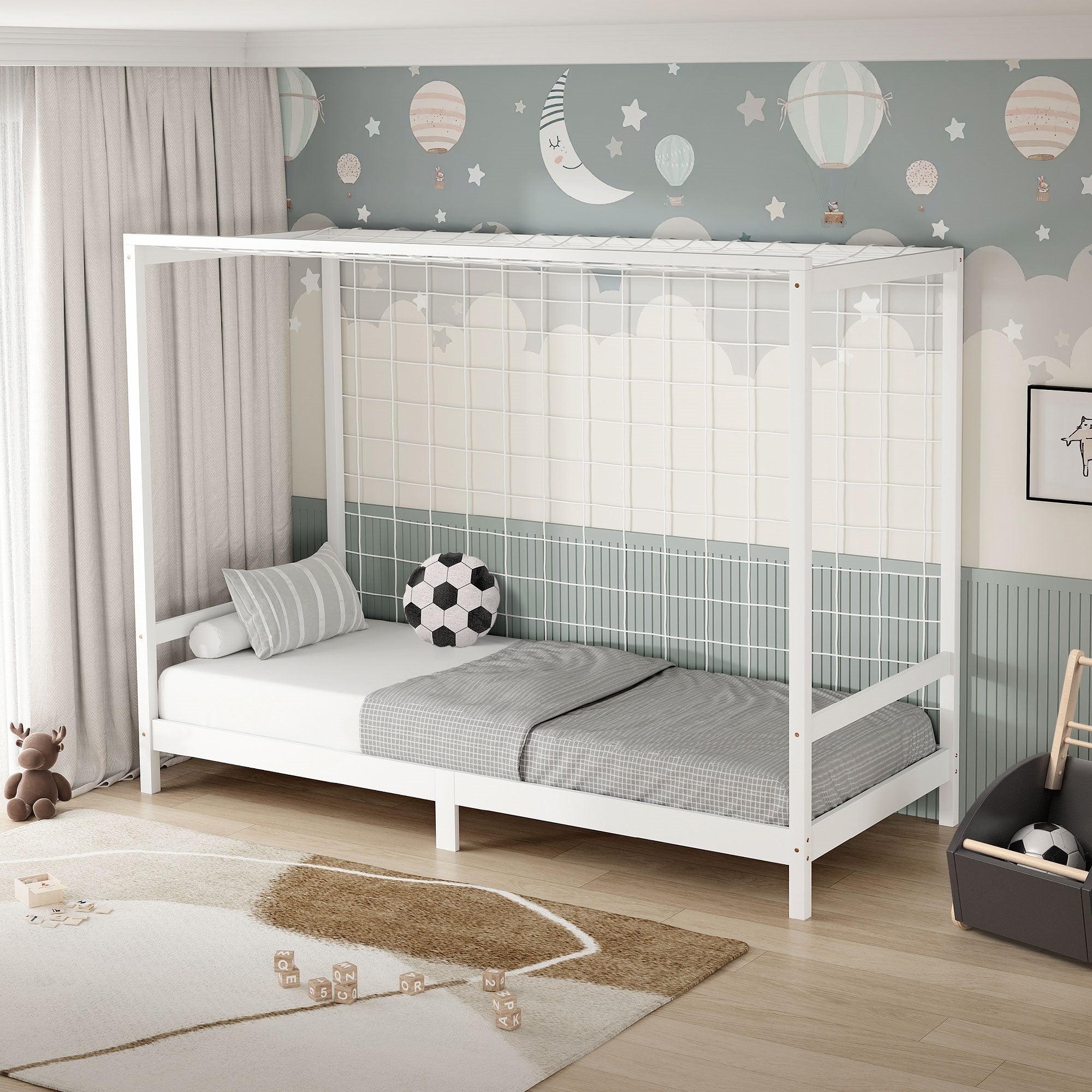 ML-Design łóżko dziecięce 90x200 cm z bramką piłkarską biały z litego drewna sosnowego konstrukcja z listwami dla chłopców i dziewczynek