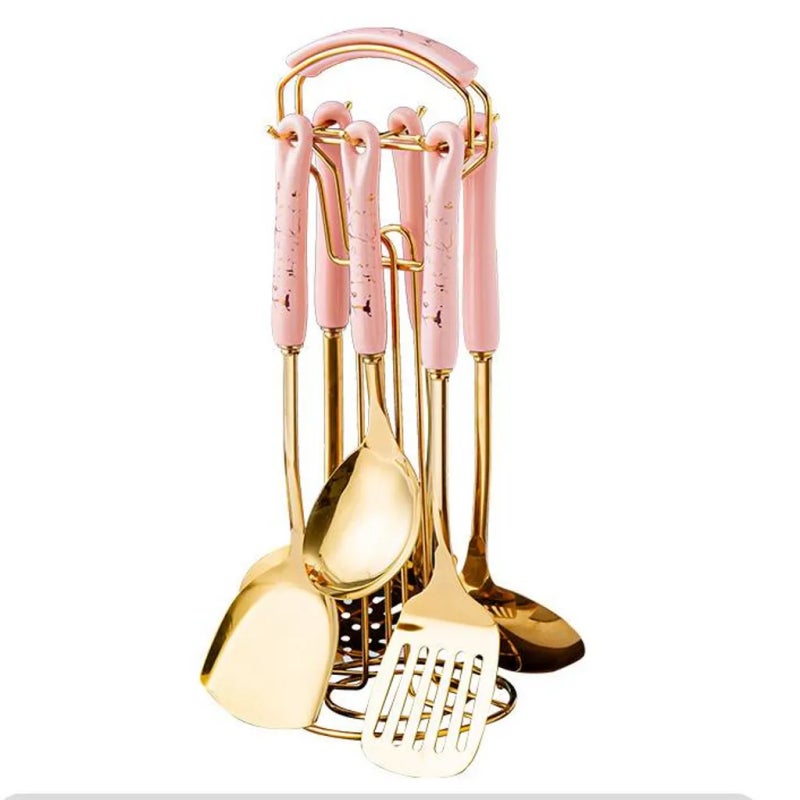 Zestaw 7 różowych przyborów kuchennych ze stali nierdzewnej z ceramicznymi uchwytami