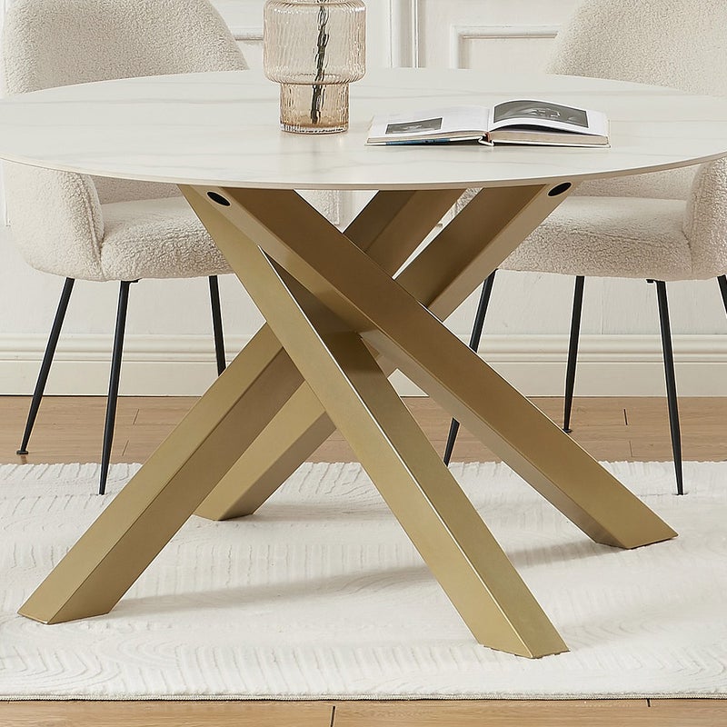 Stół do jadalni okrągły dla 4 osób z ceramiki i złotego metalu - Efekt białego marmuru - LENUMIA marki Pascal Morabito