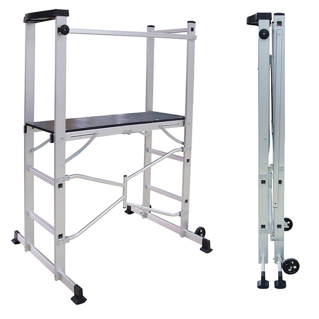 Echafaudage roulant pliable - jusqu'à 3 m de hauteur de travail - Planche en bois - Travaux domestique intérieur et extérieur