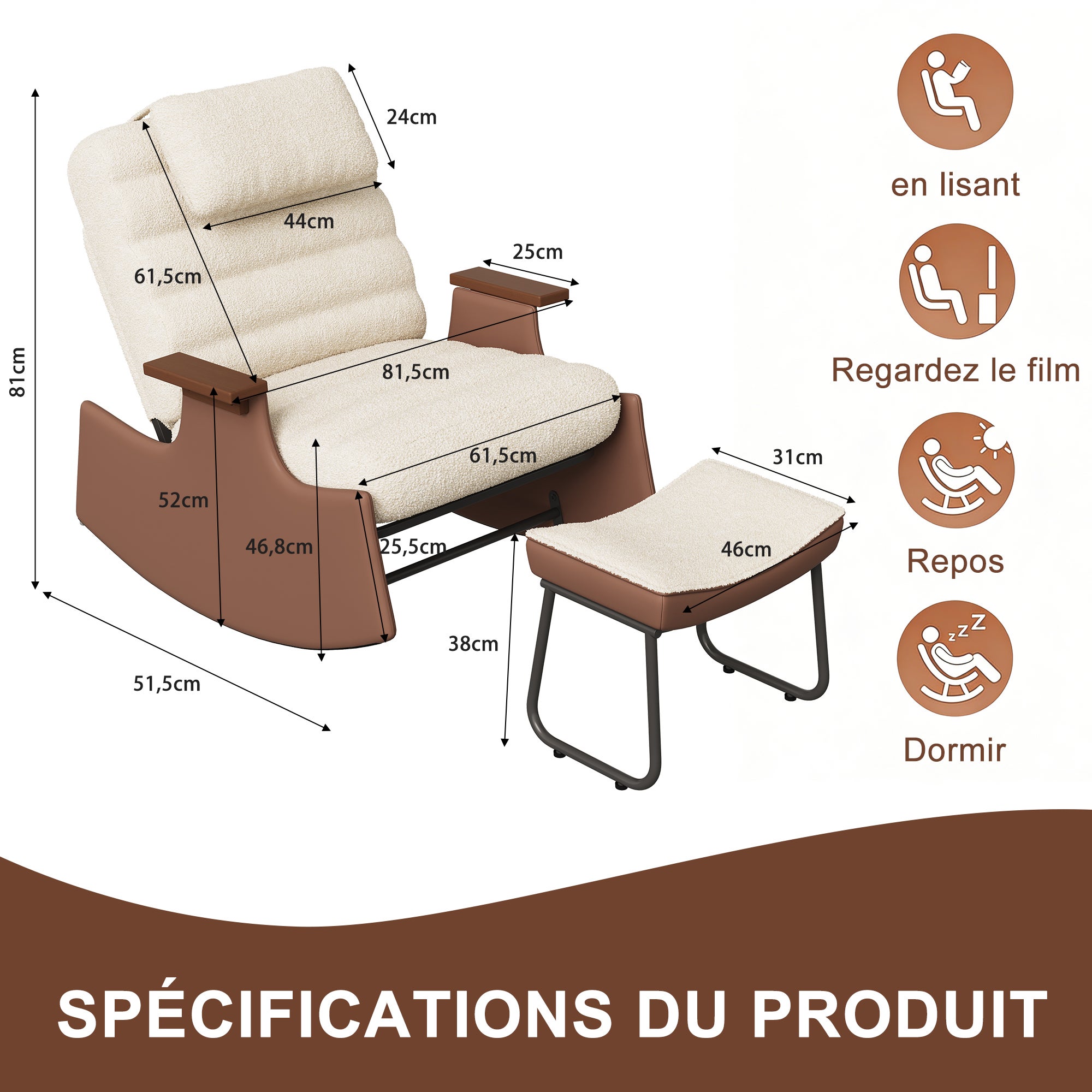 Fauteuil a Bascule avec Repose Pieds, Chaise a Bascule Allaitement Réglable 3 Positions Rocking Chair Intérieur Extérieur avec Coussin, Laine d'agneau - 2