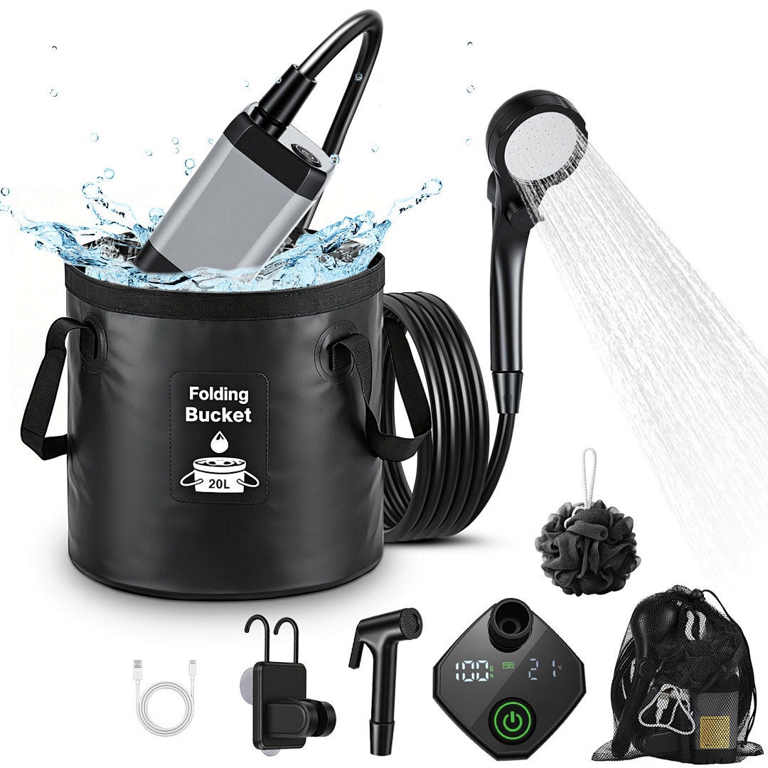 Douche De Camping 2 En 1 LED + Pompe – Batterie 6000mAh, 5 Débits, 5 Modes, Kit 20L, Tuyau 2m