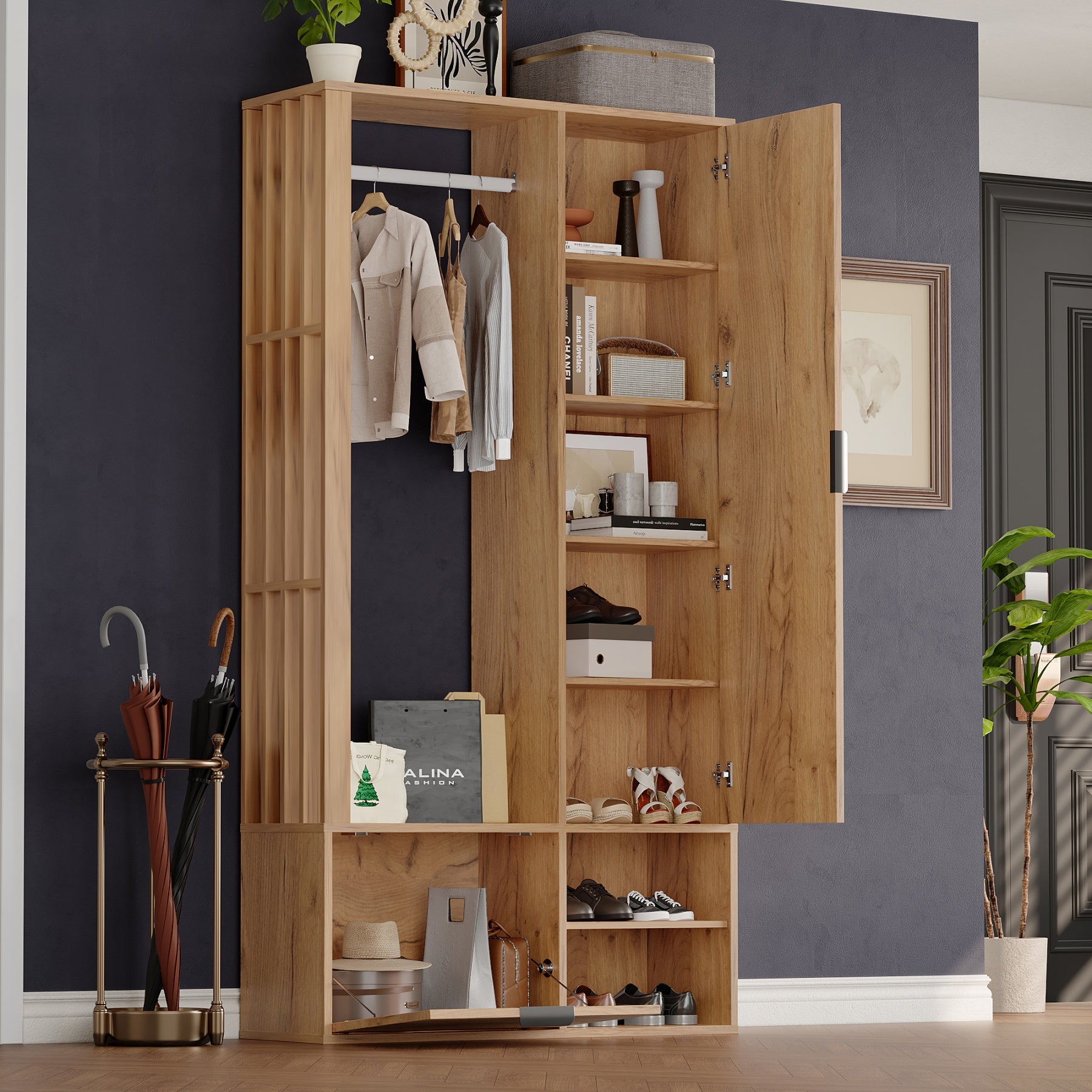 Ensemble vestiaire d'entrée 100x33x190cm - avec meuble à chaussures - avec miroir - 2 portes - panneaux de particules - naturel - 5