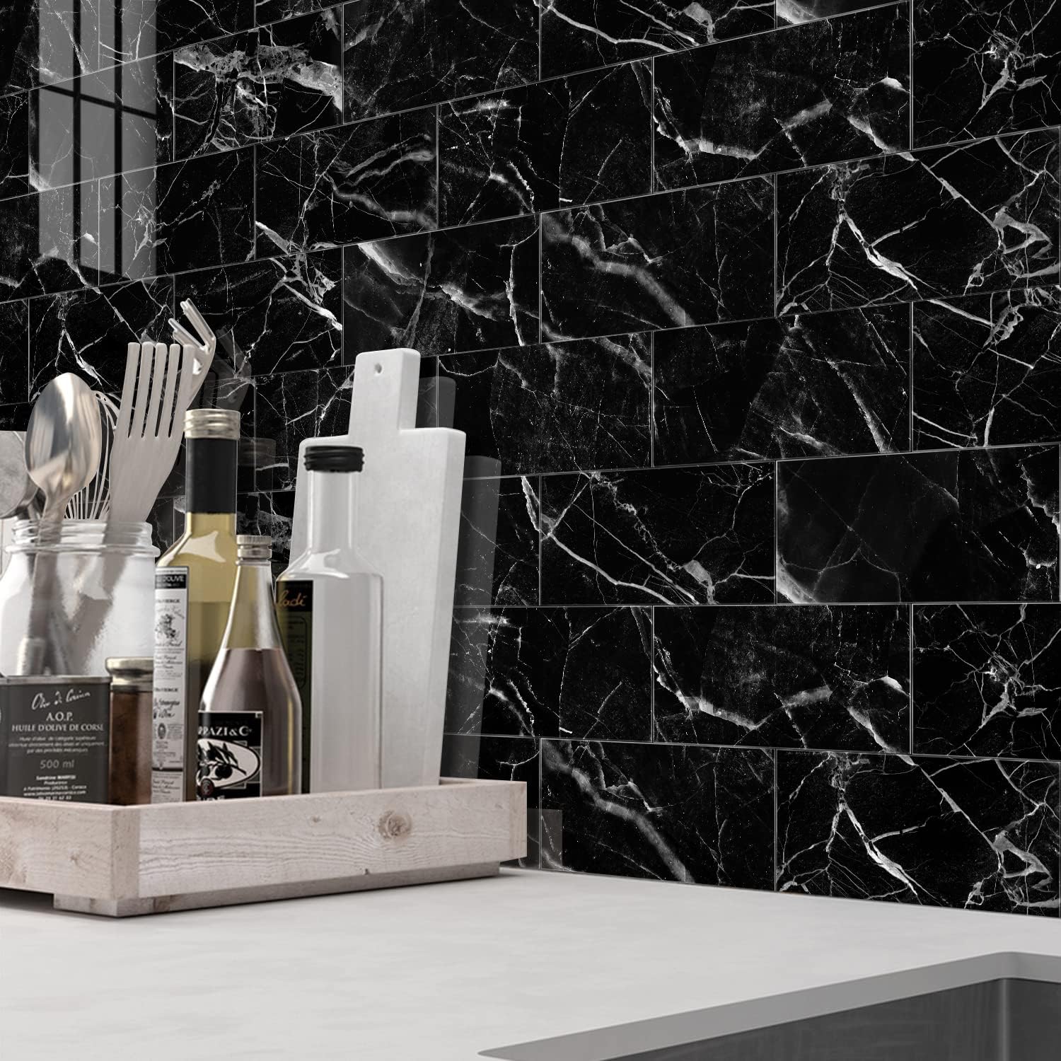 Piano Protezione Cucina 3D Imitazione Marmo Nero - Set di 16 Pannelli Decorativi Impermeabili e Anti-Umidità per Cucina, Bagno - 5