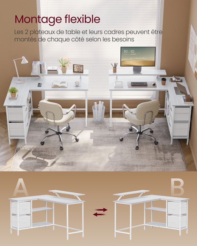 Bureau d'Ordinateur en Forme de L, Bureau d'Angle, 2 Tiroirs Spacieux, Support de Moniteur, Étagère Réglable, Blanc Érable - 3