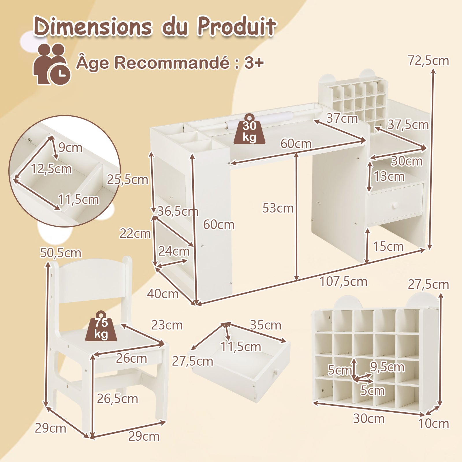 Ensemble Table et Chaises pour Enfants, Bureau de Peinture pour Enfants avec Porte-rouleau de Papier Amovible et Armoire Cubique, Tiroir de Rangement - 3