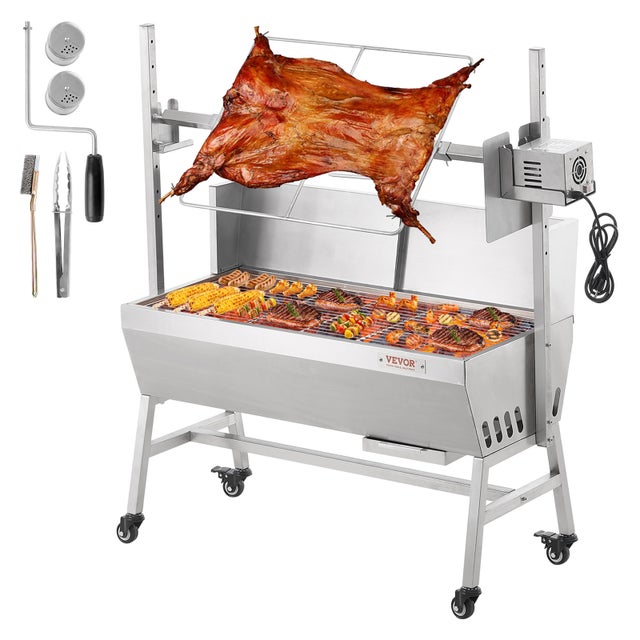 VEVOR Barbecue a Carbone con Girarrosto Elettrico 42 W Portata 61 kg, Girarrosto Barbecue 94,4 cm, Acciaio Inossidabile, Parabrezza e Ruote Bloccabili