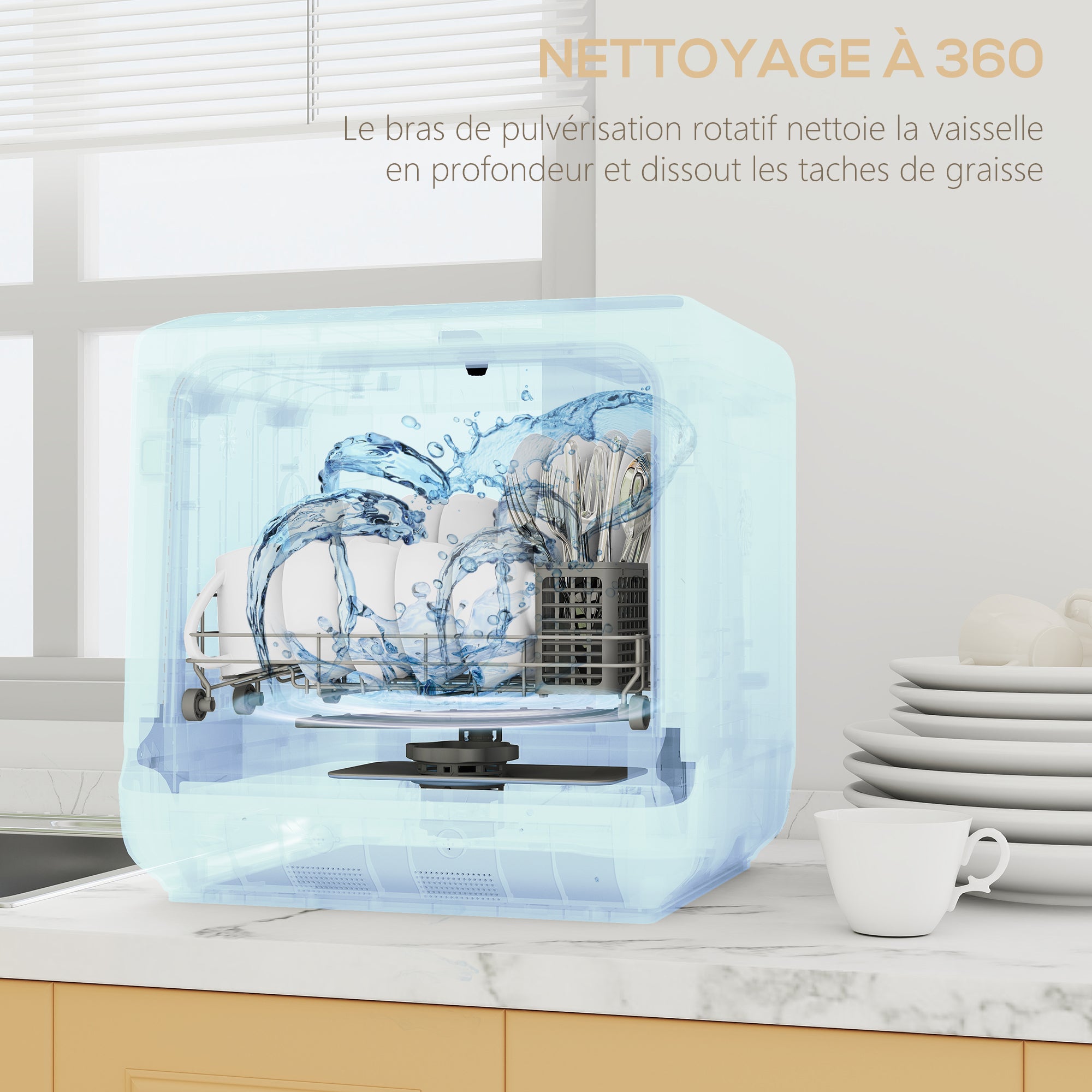 Mini lave-vaisselle compact 4 couverts, lave-vaisselle de table, 6 programmes, commandes tactiles, réservoir 6 L, blanc - 9