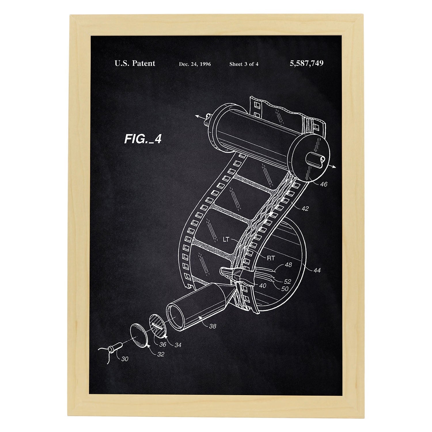 Poster con patente de carrete de camara de fotos. lámina con diseño de patente antigua. marco madera clara - a3
