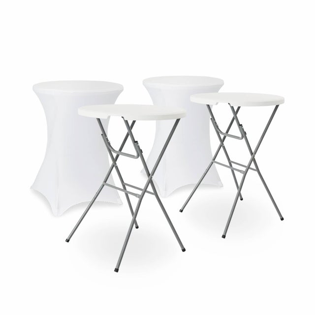 Lot de 2 tables hautes de réception – GALA – Mange debout. pliables. Ø80cm x 110cm + 2 housses en polyester. blanches