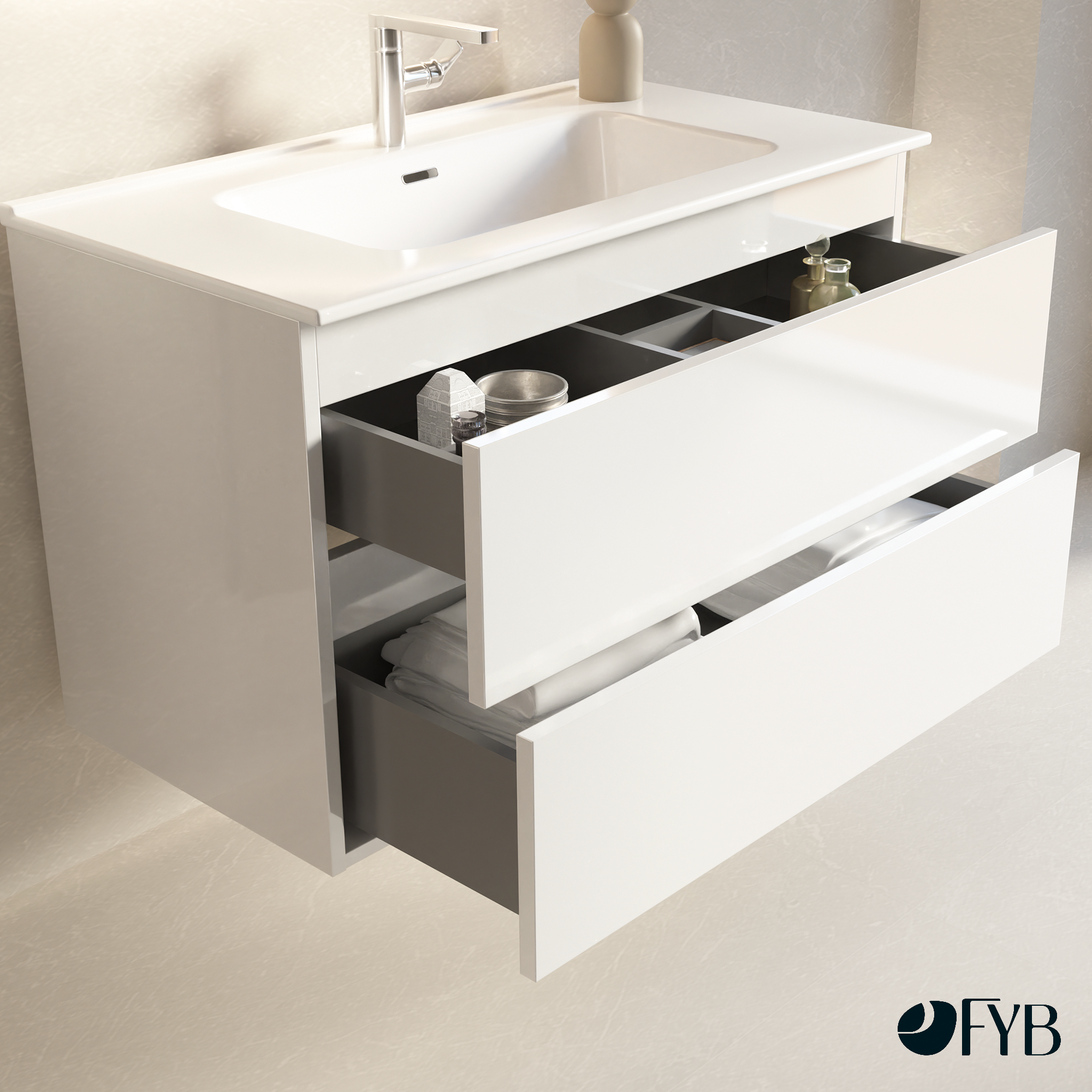 Feel Your Bath Meuble de Salle de Bain Lion Blanc 100 cm avec Plan Céramique Blanc Brillant – Élégant, Compact, Installation Facile - 2