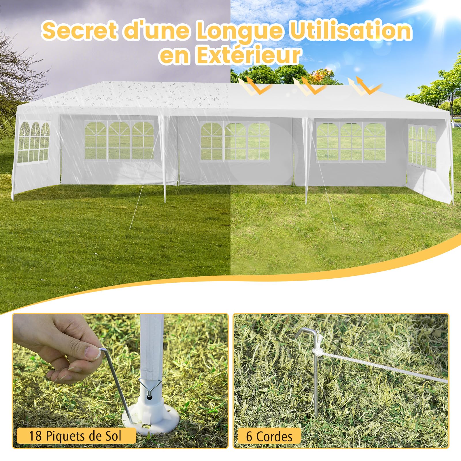 Tonnelle de Jardin 3x9m Acier, Tente de Réception avec 5 Murs Amovibles, Fenêtre sur Côté, Piquets de Terre Solides pour Fêtes, Mariage, BBQ, Blanc - 4