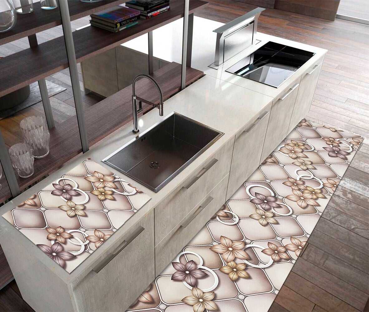 Dywan Kuchenny Pvc 51x190 cm Odporny Na Plamy Nowoczesny Biegacz Antypoślizgowe Zmywalny Elegancki Kwiatowy - 4