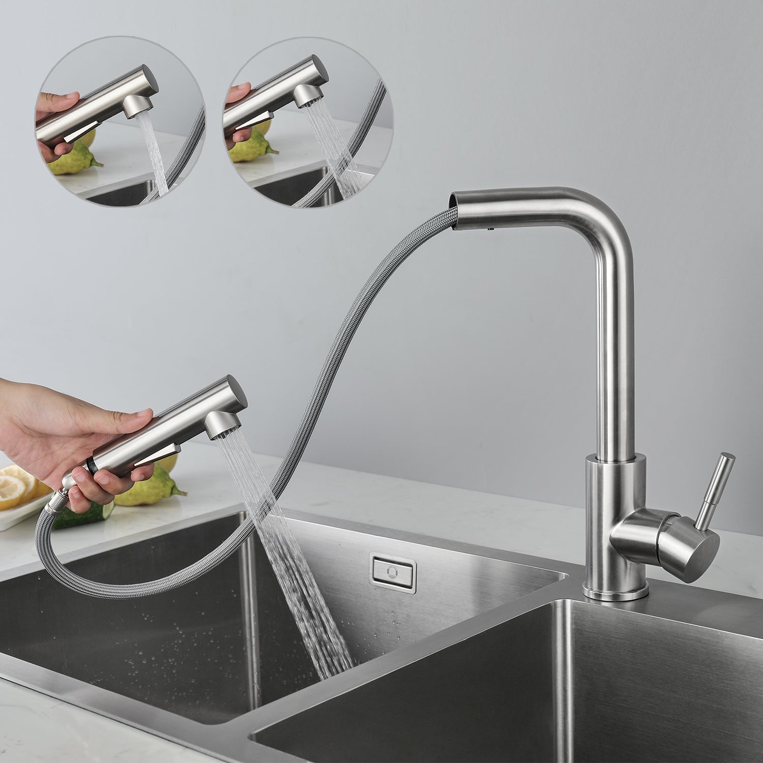 Cecipa max Évier Cuisine 1 Bac 40 × 45 cm Évier Inox Brossé 1 Cuve + Mitigeur Cuisine Brossé avec Douchette Extractible - 2 Jets aux Choix - 6