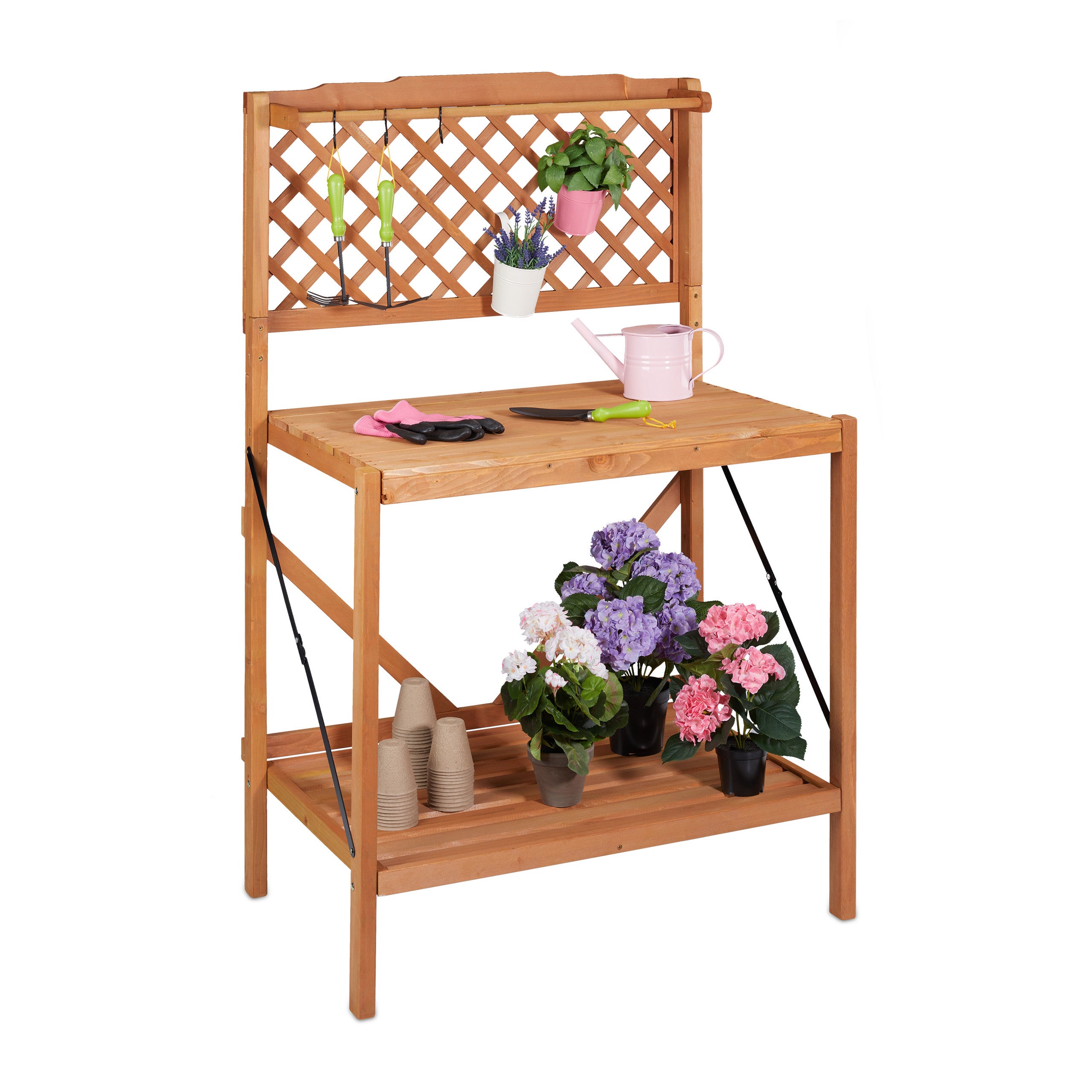 Relaxdays Table De Jardinage Pliante - 151,5x91x62 Cm - Bois De Sapin - Marron Clair - Rangement Intégré