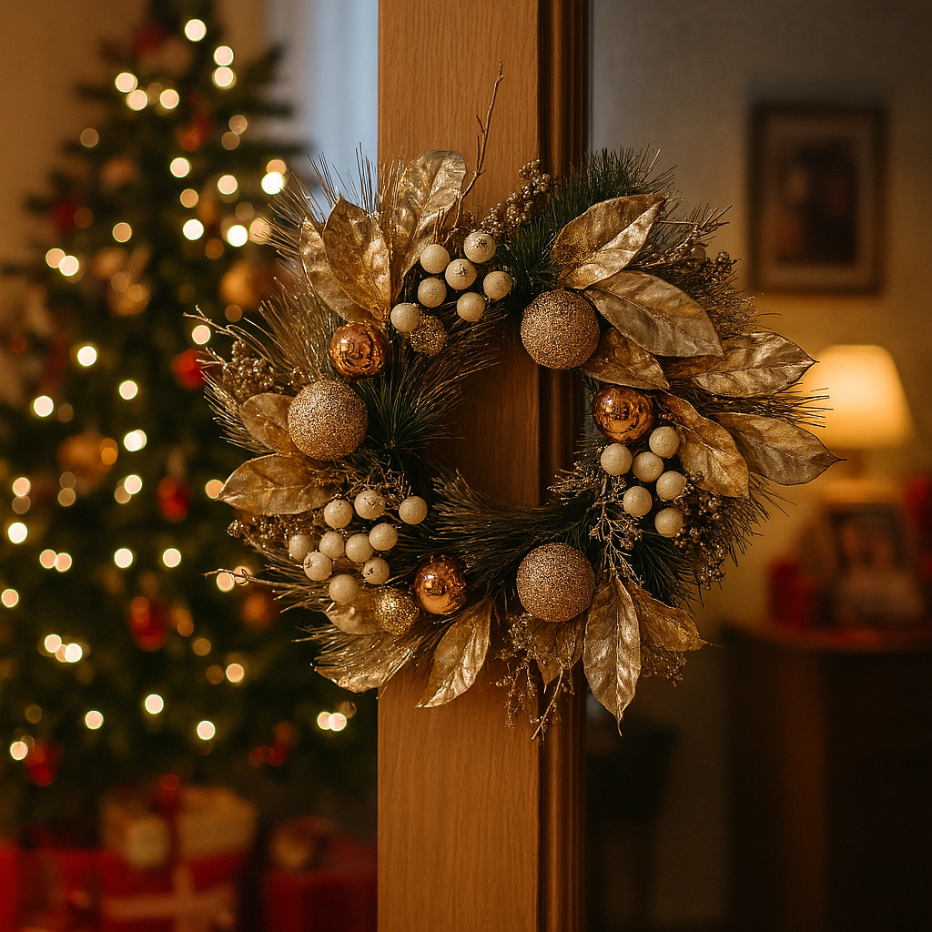 Ghirlanda Di Natale Artificiale Con Palline Oro Champagne, 50 Cm - Decorazione Per Scale, Camino, Porta, Interno Ed Esterno