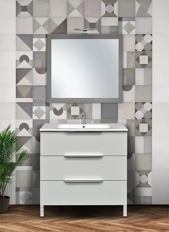 STELLA Ensemble salle de bain simple vasque avec miroir L 80 cm - Blanc effet bo