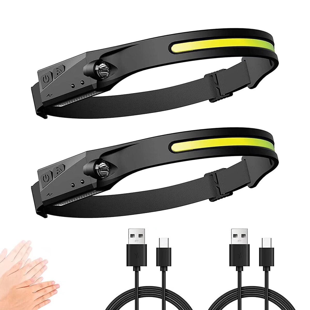 Czołówka, mocna czołówka LED USB z możliwością ładowania, 350 LM, 3 tryby oświetlenia, indukcja manualna, wodoodporna i lekka (2 sztuki)